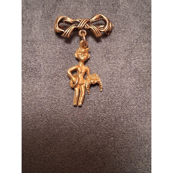 Vintage Devil or Angel Charm Brooch Bow Top Gold Tone - Picture 2 of 5